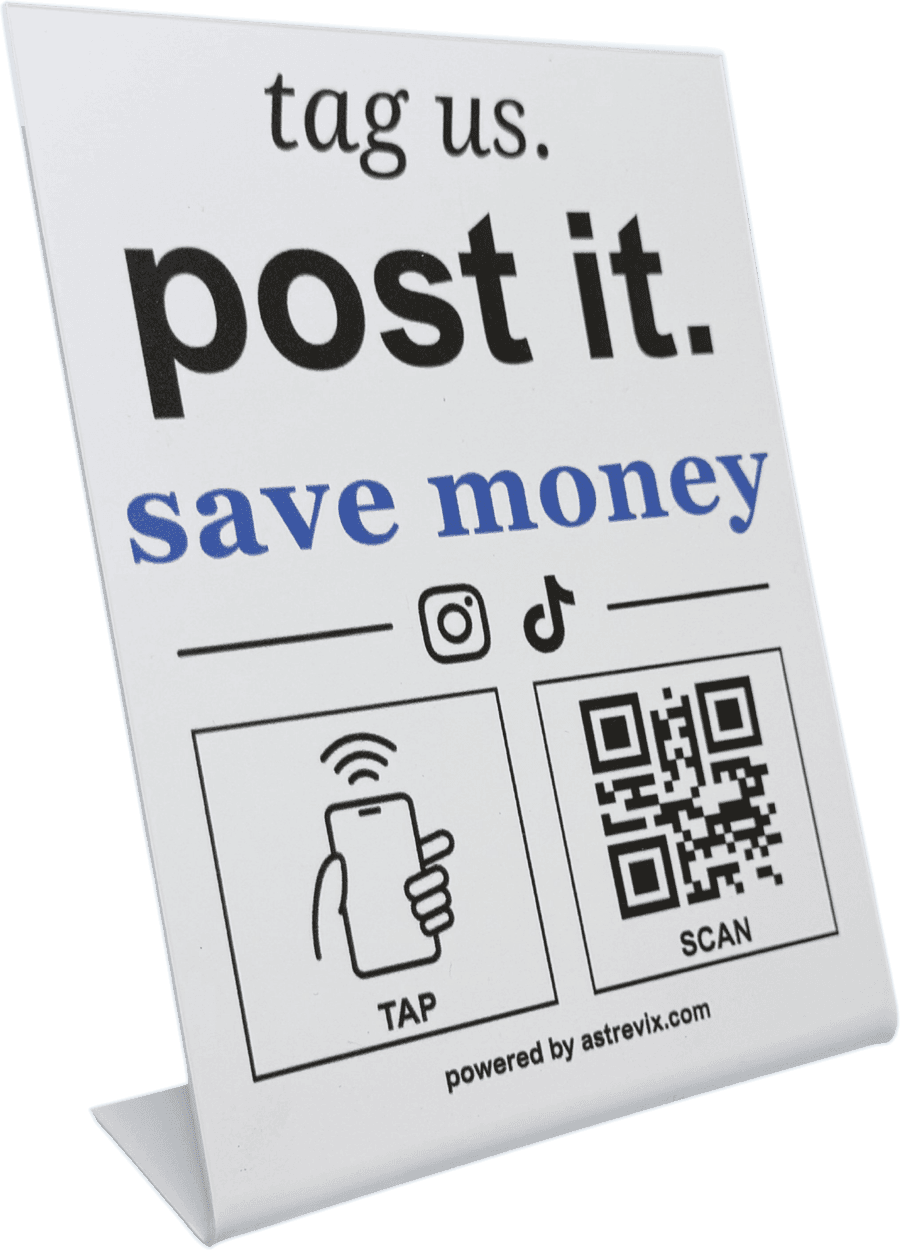 Astrevix counter sign with tap and QR code options